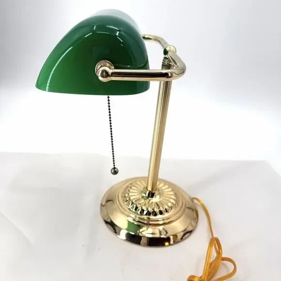 Vintage Banker's Desk Piano Lamp Green Glass Shade Pull Chain Gold Metal Base - Picture 6 of 13
